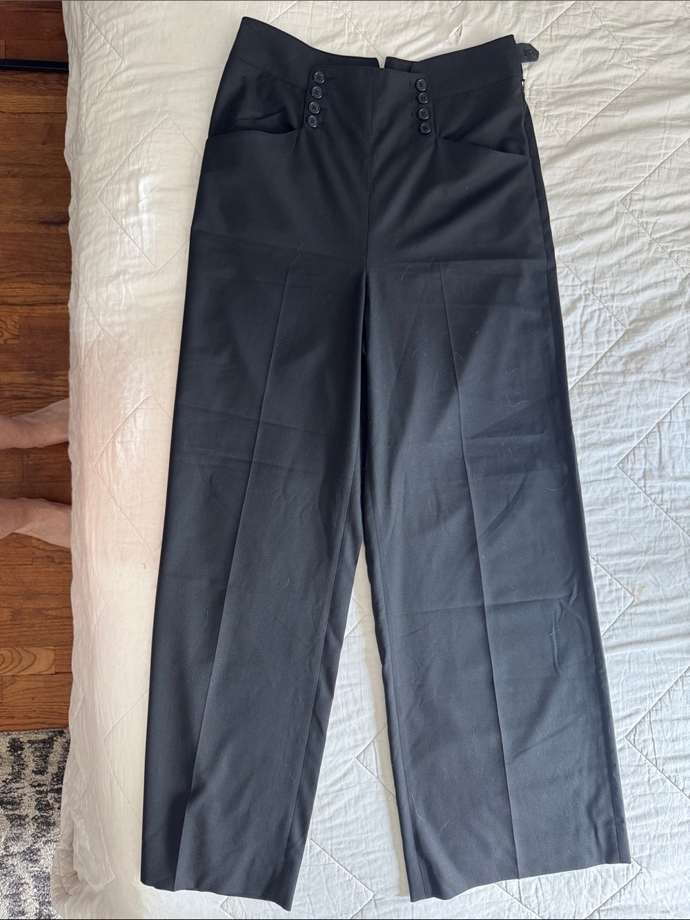 High-Waist Black Wide-Leg Pants with Button Detail